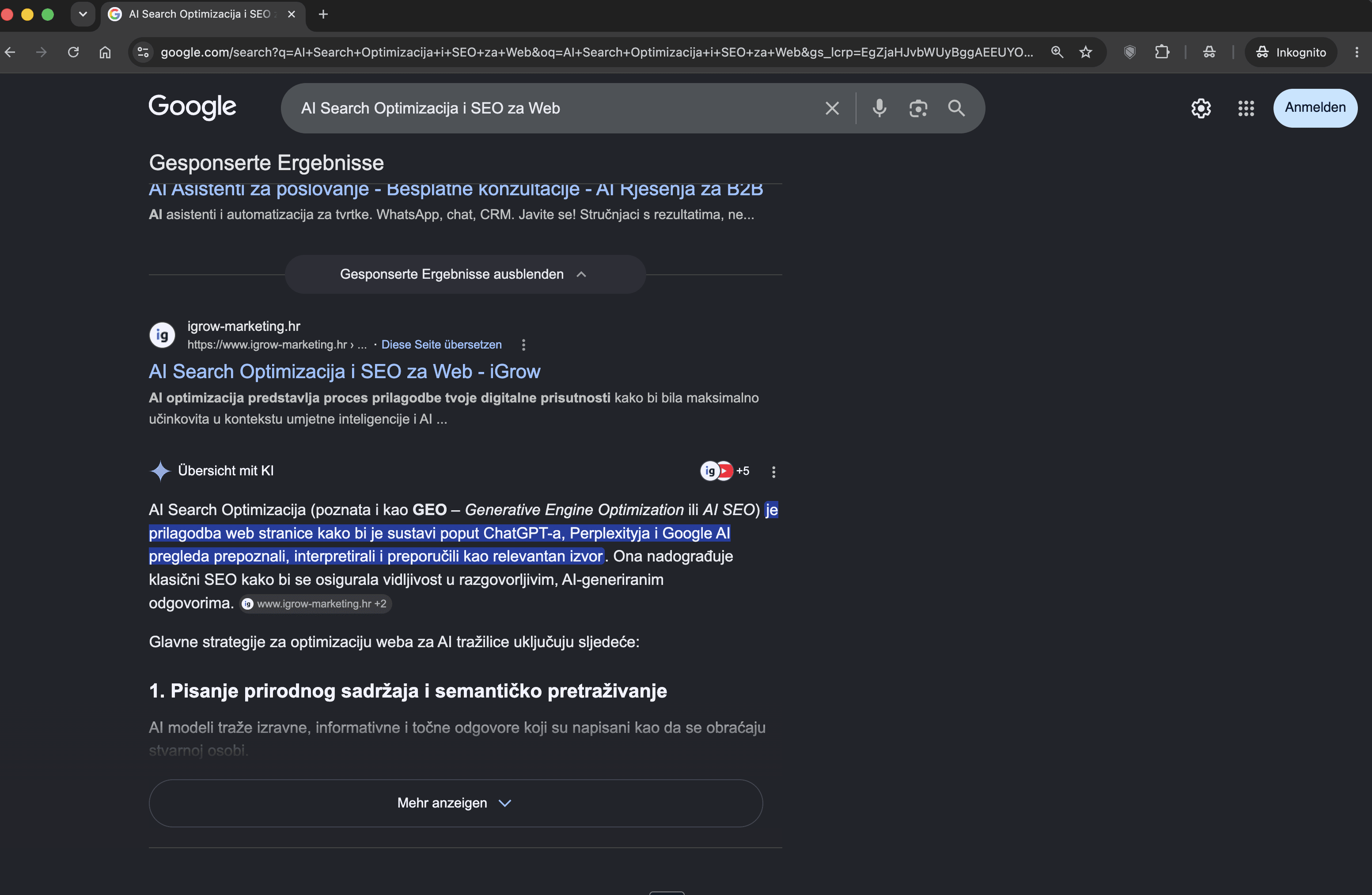 AI Overviews und Top 1 Platzierung für "AI Search Optimierung und SEO für Web