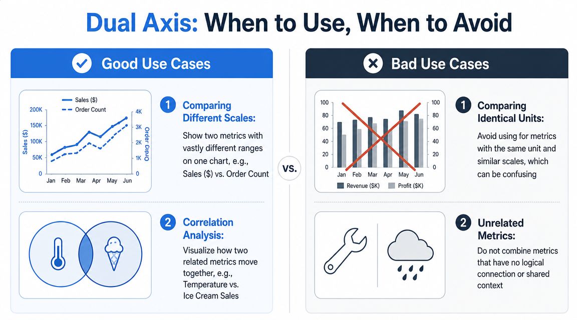 An infographic showing best practices for using dual axis charts with examples of good and bad use cases.