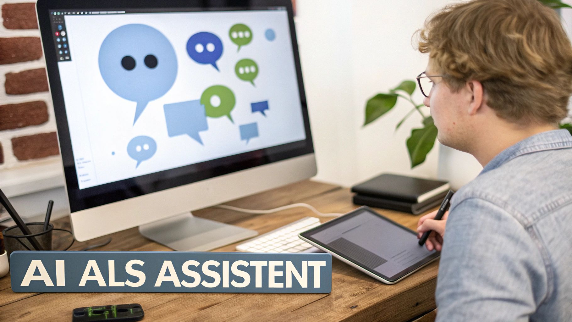 Man werkt aan bureau met computer en tablet, computer toont chat-iconen, bordje zegt 'AI ALS ASSISTENT'.