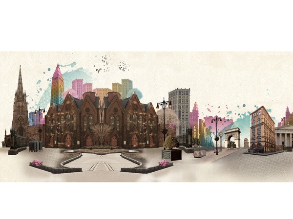 A panoramic illustration shows a cityscape with a large brown brick church in the center, flanked by lampposts and a paved street. Behind it, a skyline of colorful buildings rises against a light beige background with scattered blue and pink splatters. A pink-roofed building is visible on the right, and a white archway is on the right side of the street.