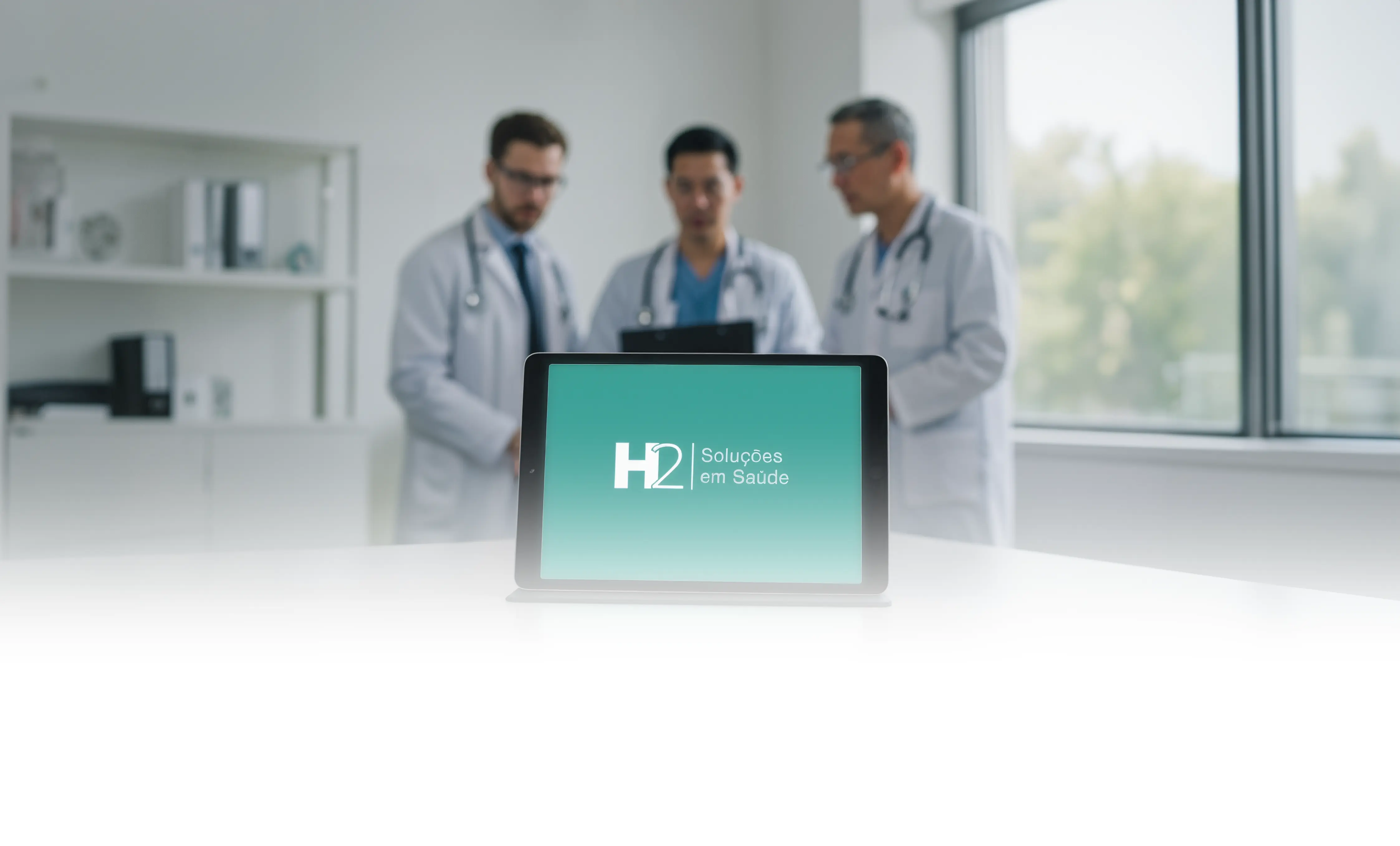Tablet displaying H2 Soluções em Saúde logo with three doctors in the background.