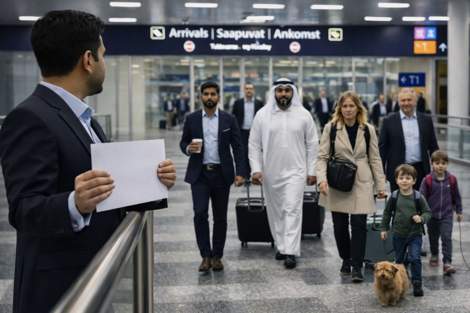 Passengers arriving at Helsinki Airport Terminal 2 arrivals hall with luggage
