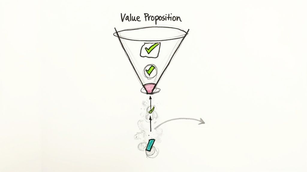 A group of professionals collaborating on a value proposition using sticky notes on a glass wall.