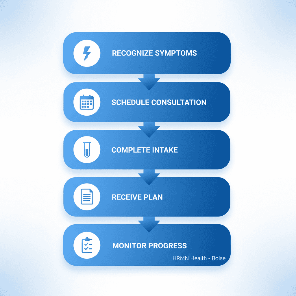 Vertical process flow diagram outlining steps to start TRT in Boise with icons for each stage