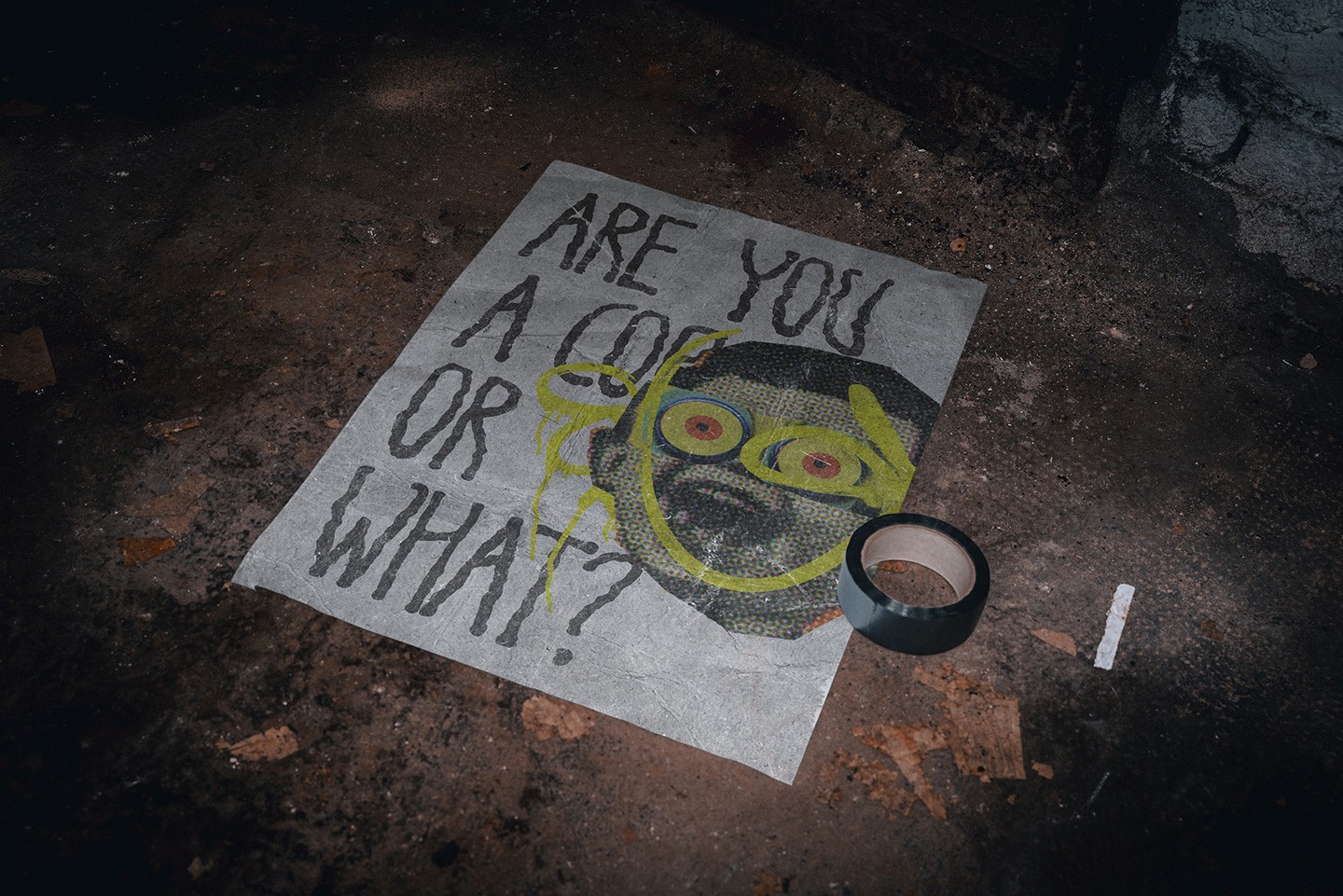 Basement A2 poster mockup with grunge style poster placed loosely on floor