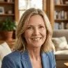 A medium shot of a smiling woman with shoulder-length blonde hair, wearing a professional blue blazer over a white top. She is seated in a cozy, sunlit room that features built-in wooden bookshelves filled with books, a comfortable armchair, and potted green plants in the background. The lighting is soft and natural, creating a warm and inviting atmosphere.