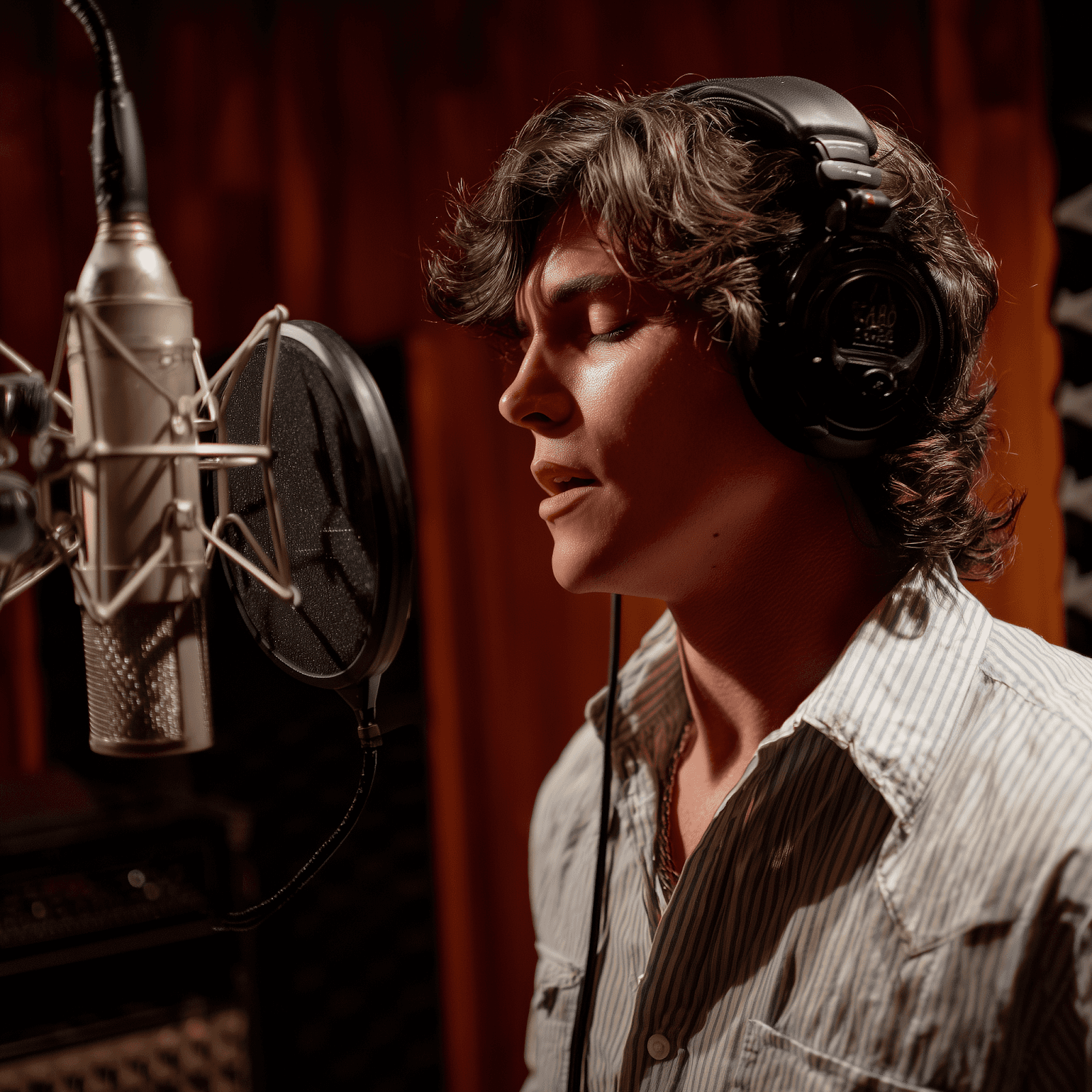Color photo of male singer recording in a studio