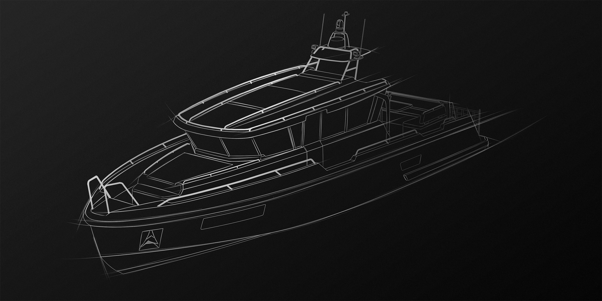 A concept design sketch of a boat on black paper
