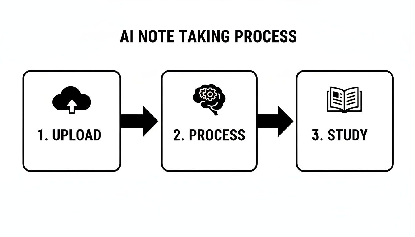 A three-step infographic detailing the AI note-taking process: upload, process, and study, each with a relevant icon.