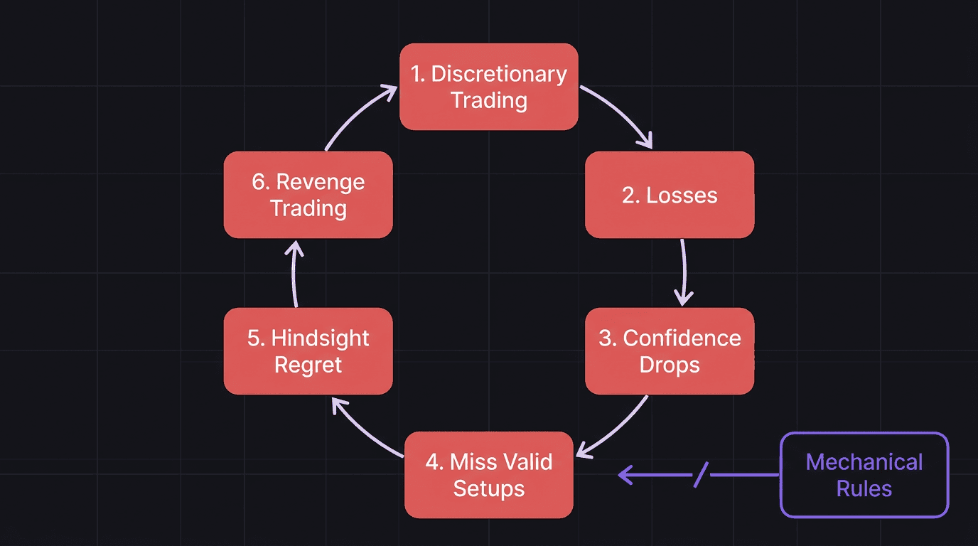 Diagram showing the six-step hindsight trading cycle from discretionary trading through regret to revenge trading