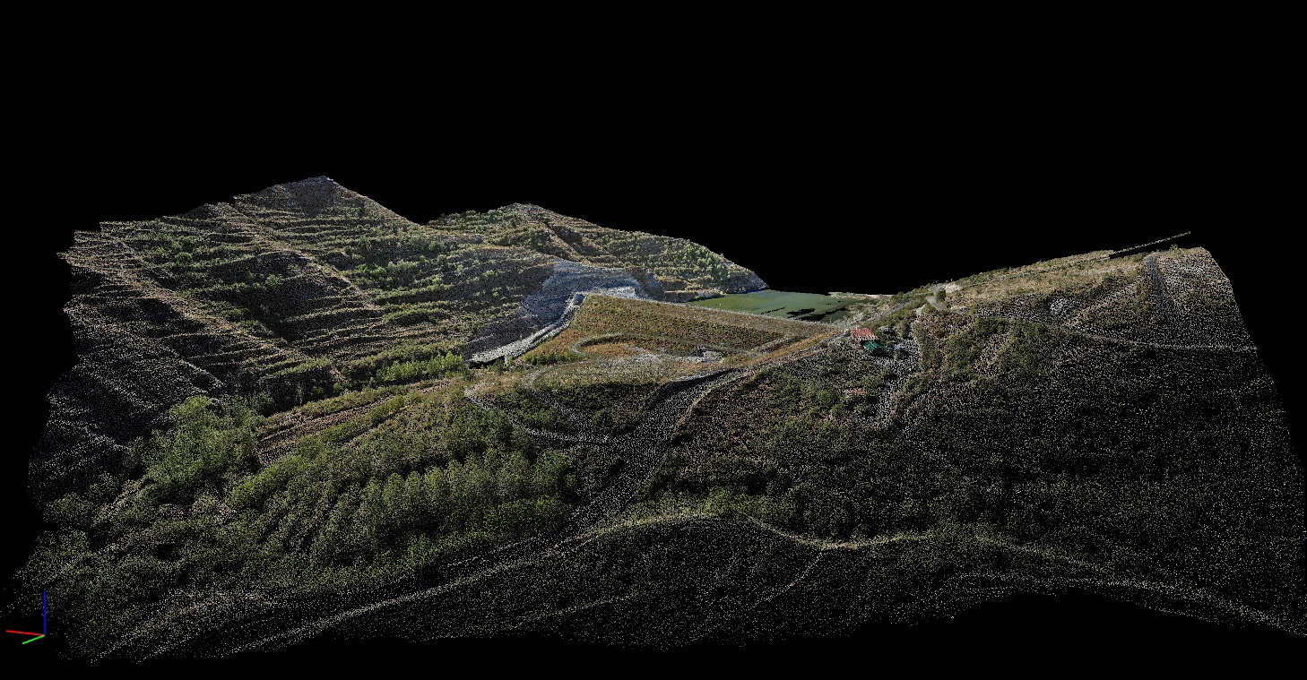 Nube de puntos georreferenciada de la presa de Soto Terroba generada mediante tecnología LiDAR y escáner láser 3D para la Confederación Hidrográfica del Ebro