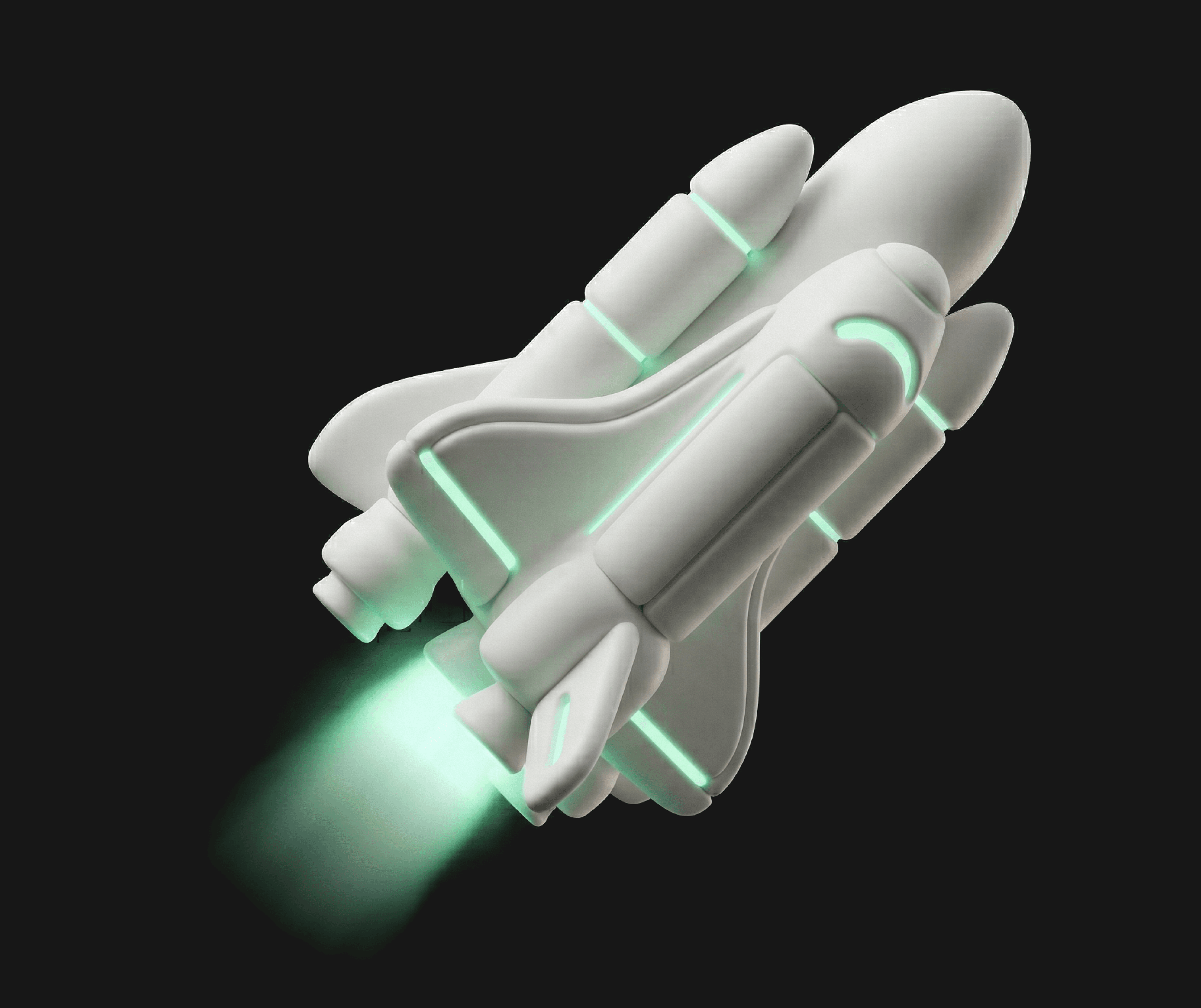 3D rendered white space shuttle icon with glowing green engine exhaust and accents, symbolizing high-velocity AI deployment and enablement.