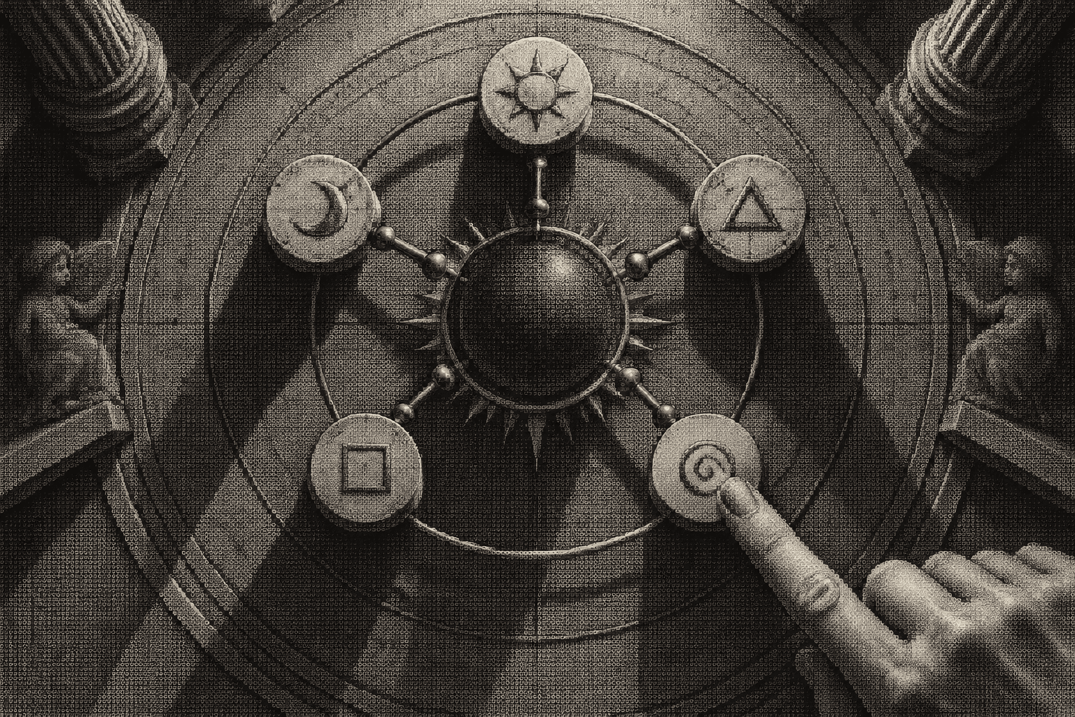Overhead view of a stone orrery with five discs in one orbit, a marble fingertip resting on one pink disc