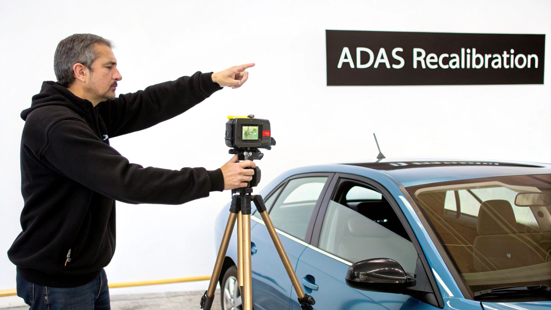 Technician recalibrating a blue car's ADAS system with a camera and tripod.