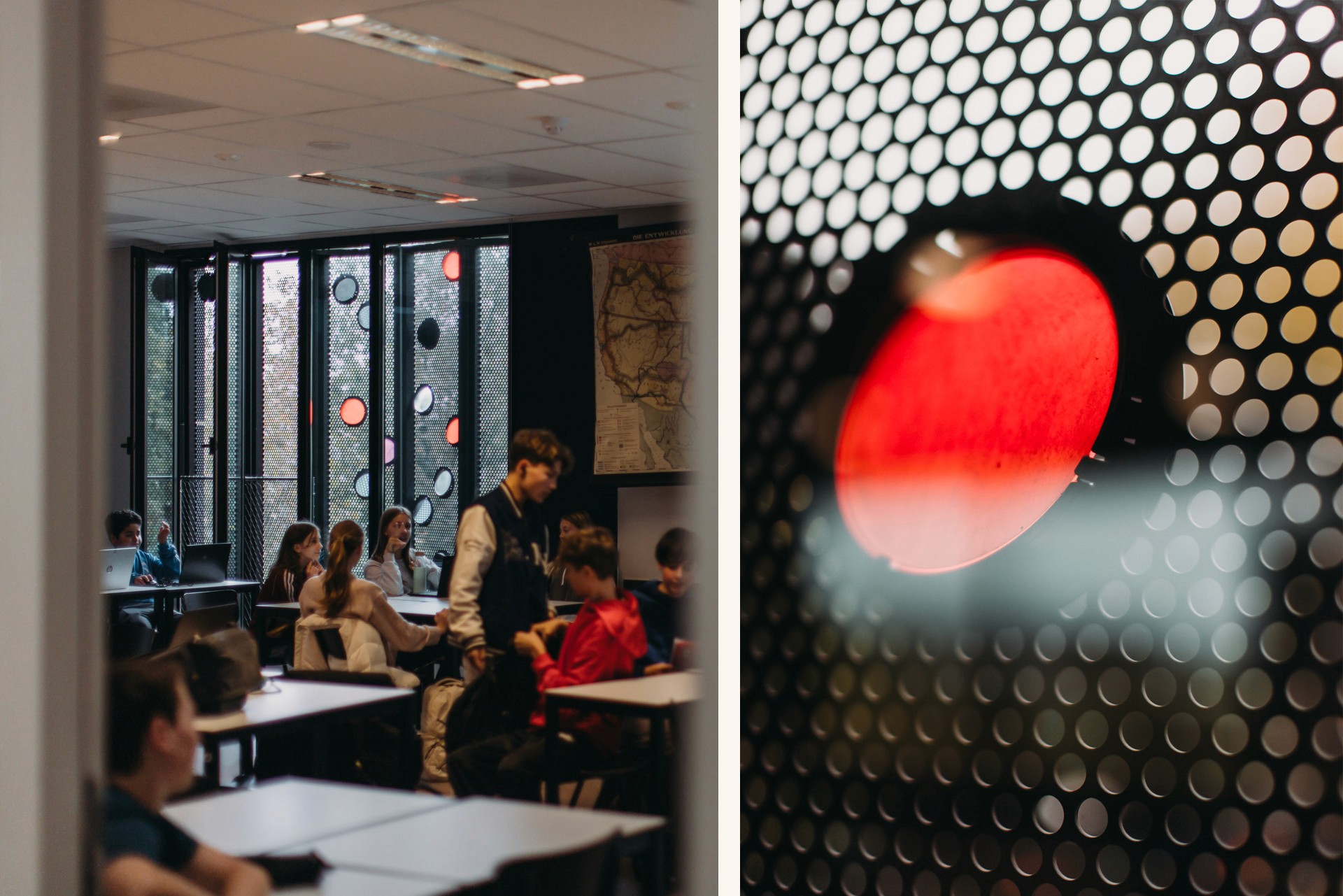 Interior photo of one of the more secluded classrooms in the MML, showing the sunscreen with prisma's