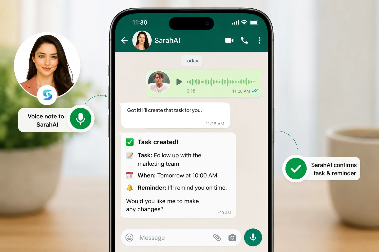 SarahAI confirming a task creation and reminder directly inside a WhatsApp chat thread