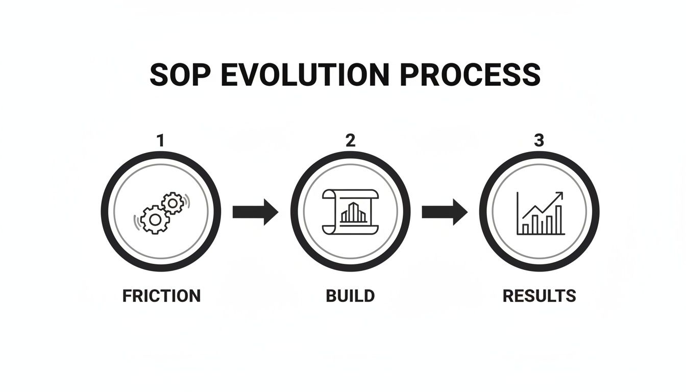 SOP evolution process diagram showing three stages: Friction (gears), Build (blueprint), and Results (growth chart).