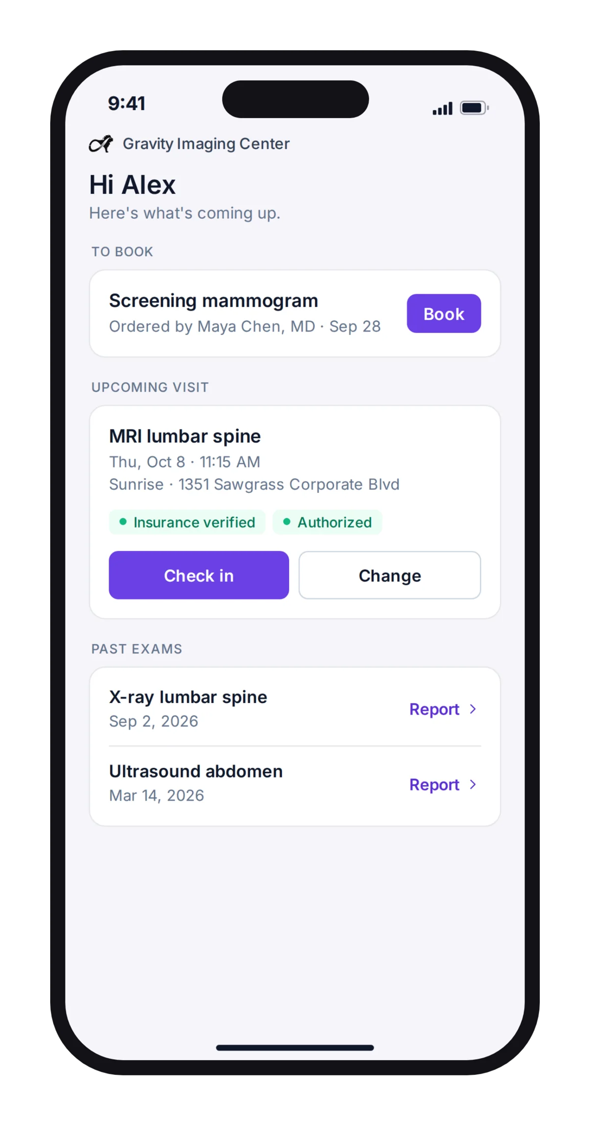 Gravity Visit on a phone: an exam to book, the upcoming MRI with insurance verified, authorized and Check in, and past exams with their reports