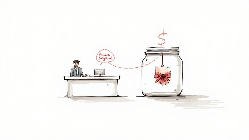 An illustration of a person developing a product that leads to a valuable, gift-wrapped outcome in a jar.