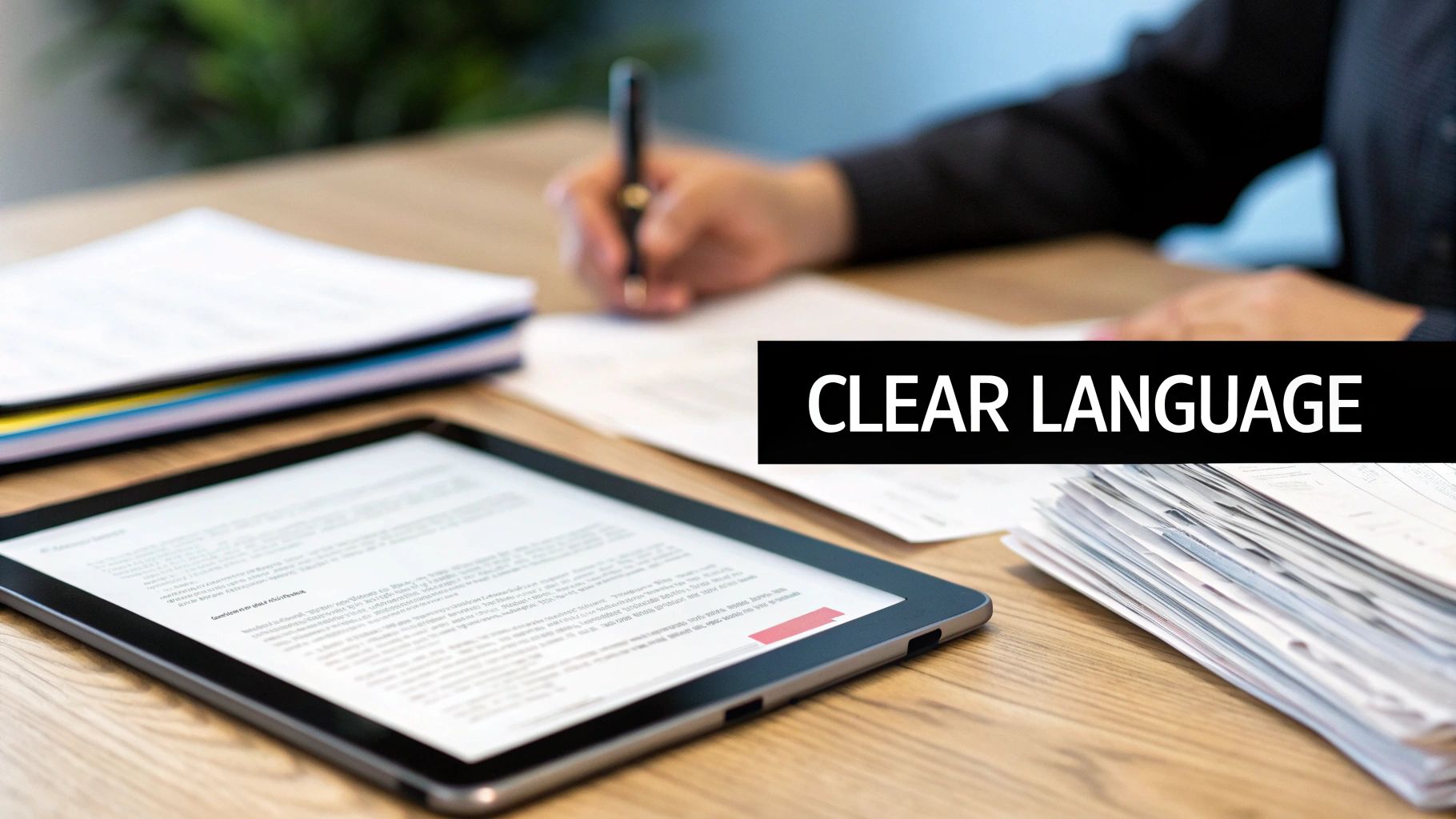 A person writes on a document at a desk with a tablet displaying text and stacks of paper, emphasizing clear language.