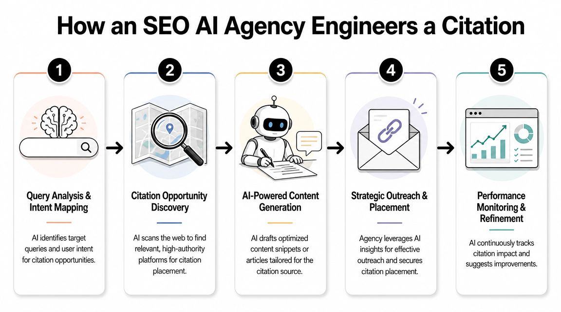 A five-step infographic showing how an SEO AI agency engineers a citation using automated technology.