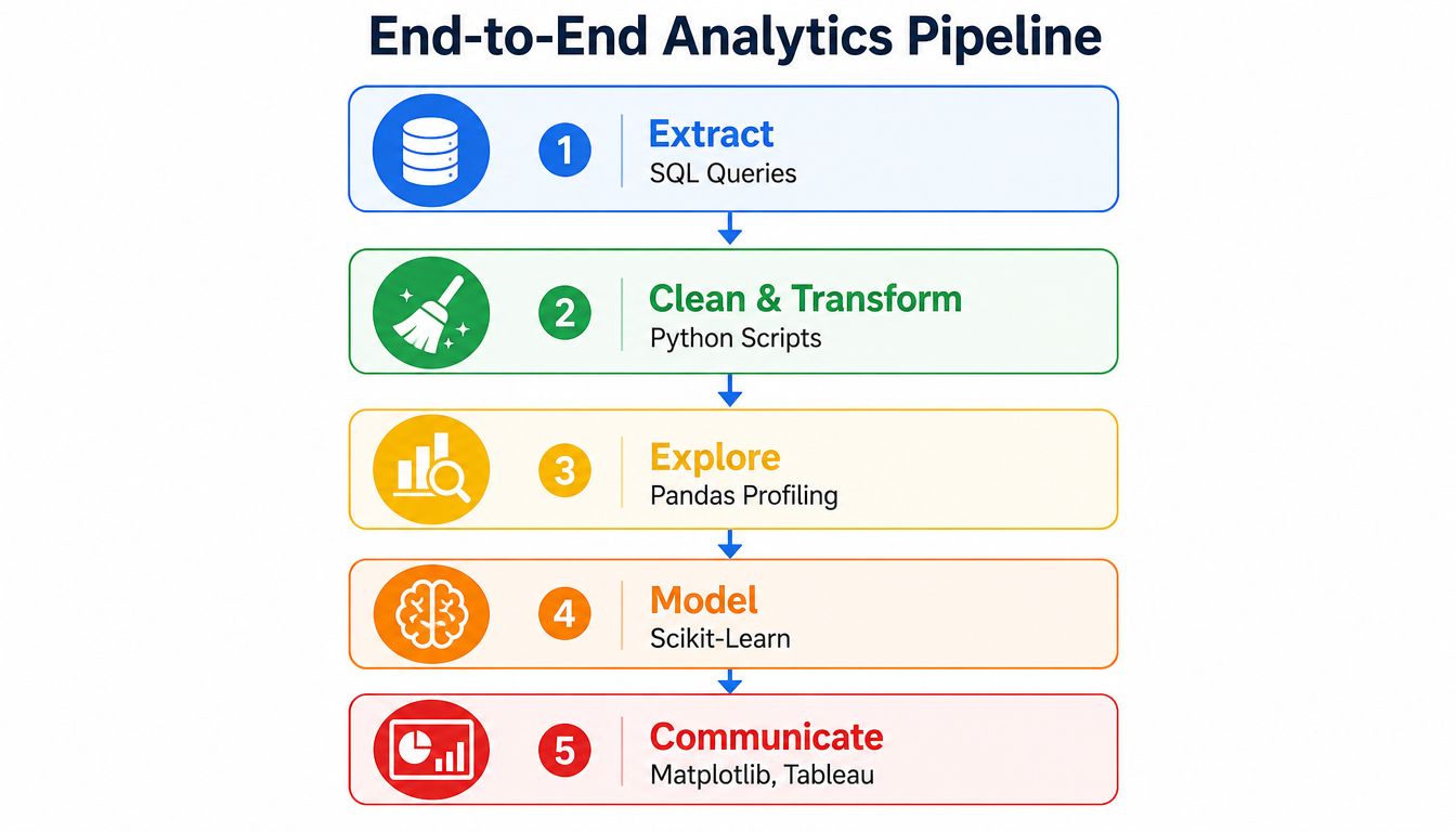 A flow chart illustrating an end-to-end analytics pipeline with five steps from data extraction to communication.