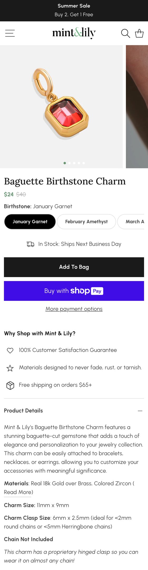 Jewelry product options include: necklace, bracelet, pendant, birthstone, earring for Baguette Birthstone Charm from Mint & Lily.