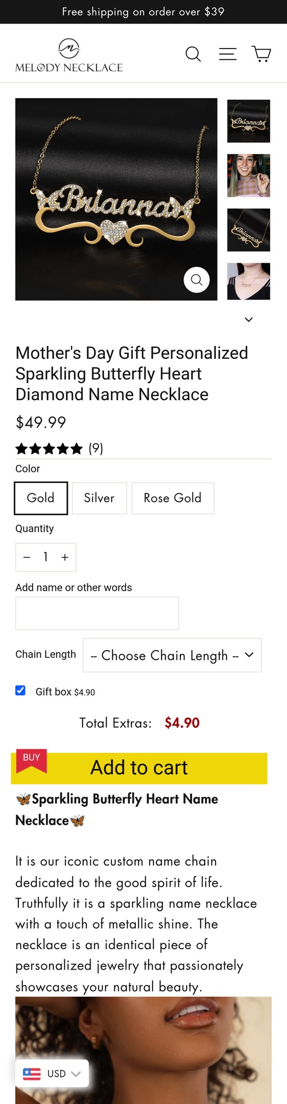 Jewelry product options include: necklace, chain for Mother's Day Gift Personalized Sparkling Butterfly Heart Diamond Name Necklace from Melody Necklace.