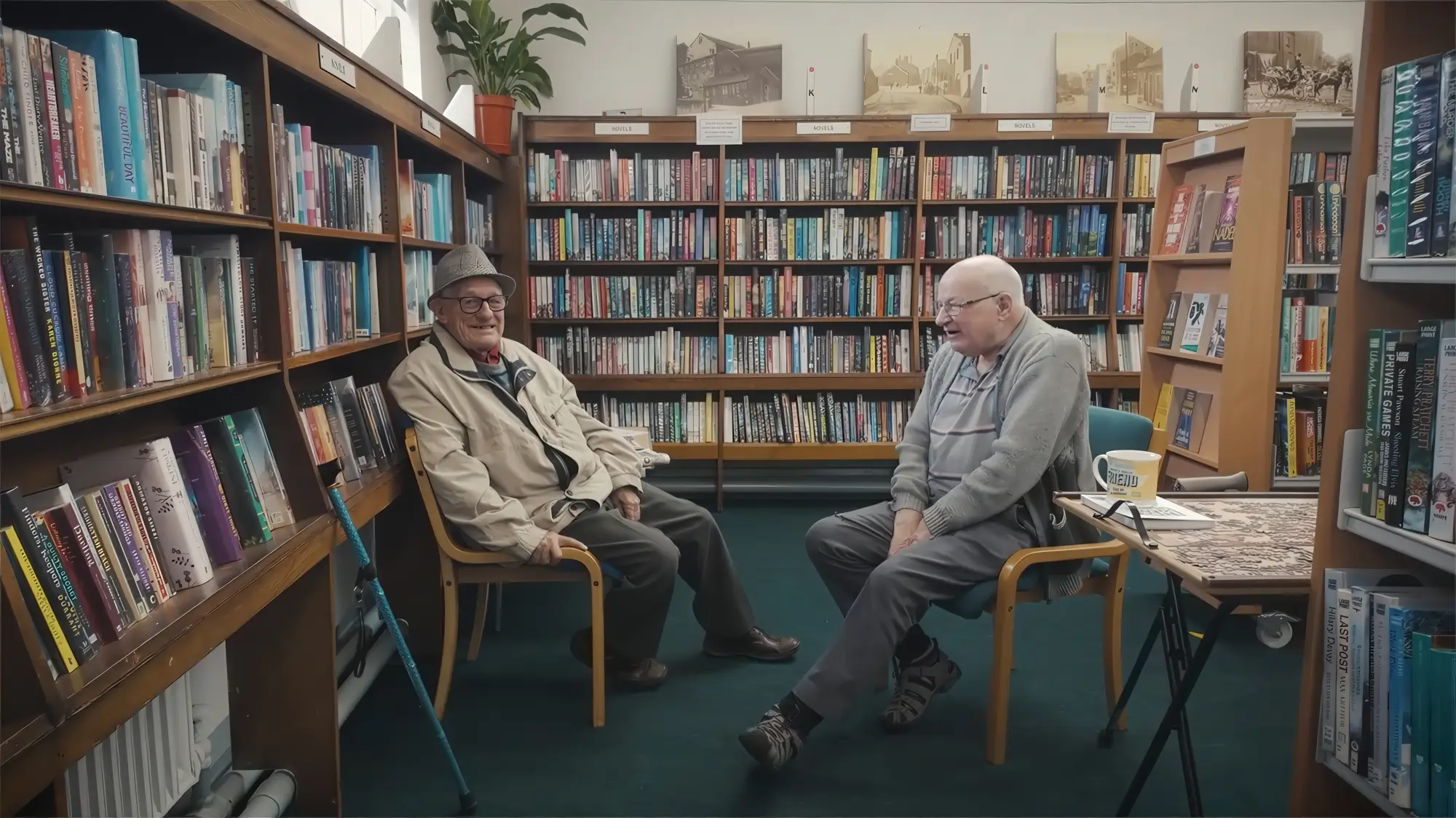 Two older men sitting and talking together inside a local library surrounded by bookshelves.