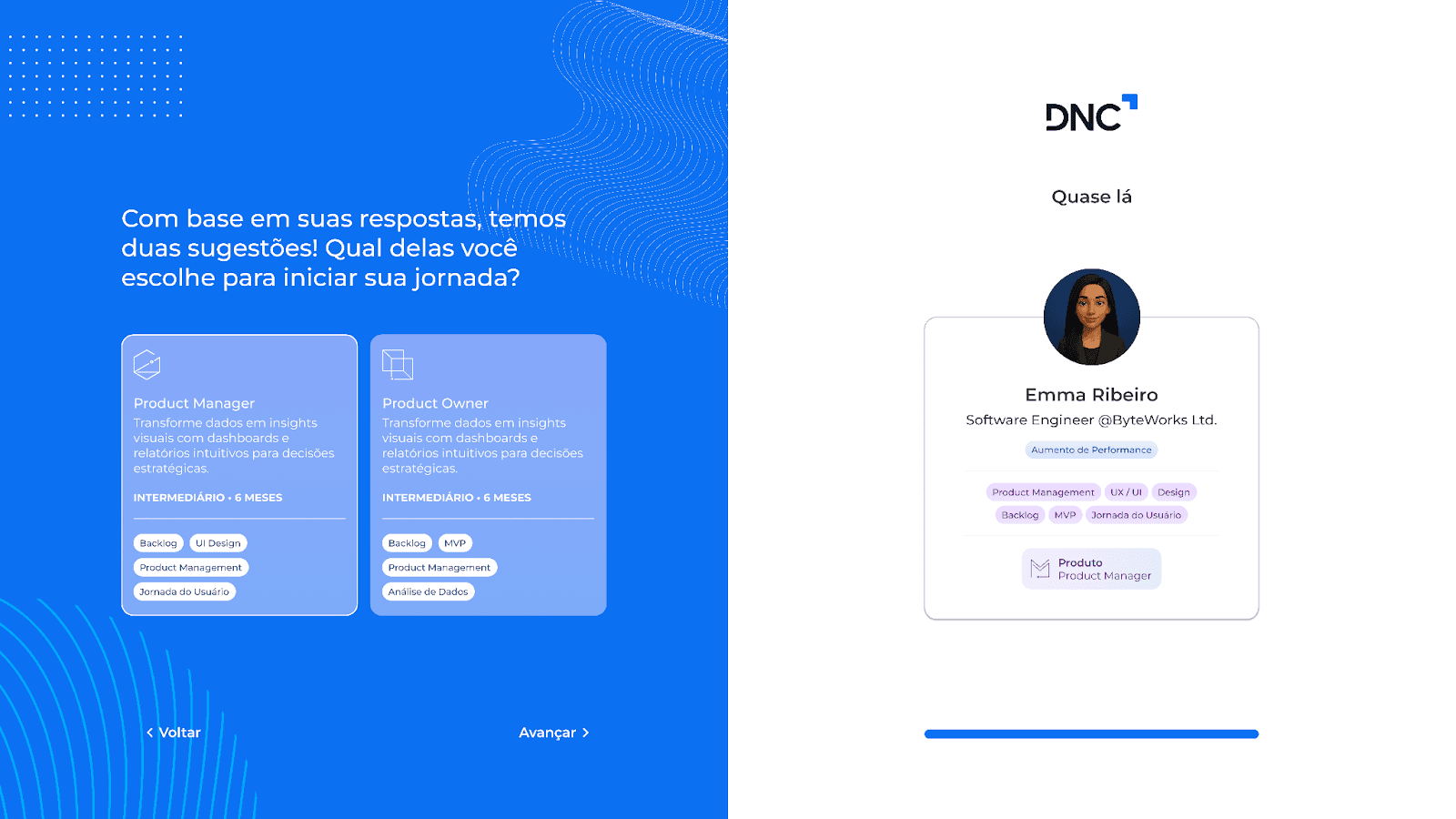 Interface de onboarding da plataforma DNC