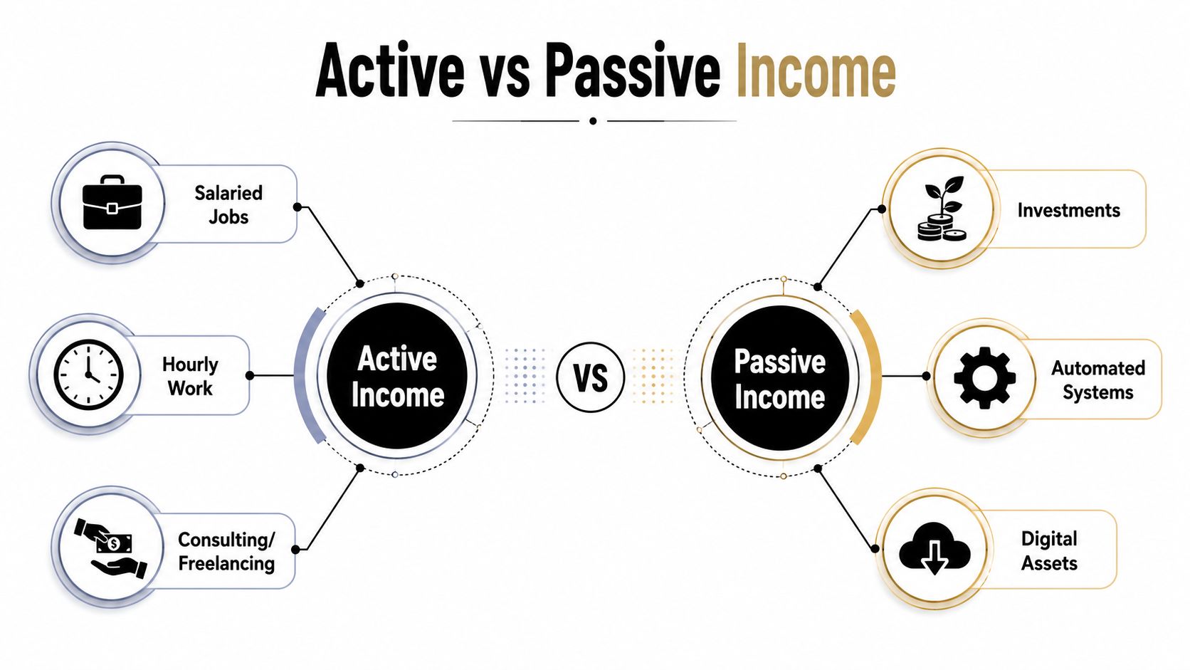 A diagram comparing active income sources like jobs with passive income sources such as digital assets and investments.