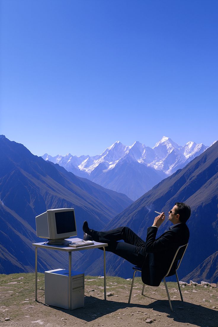 A man sitting in the mountains, smoking, with his legs on a table and a computer.