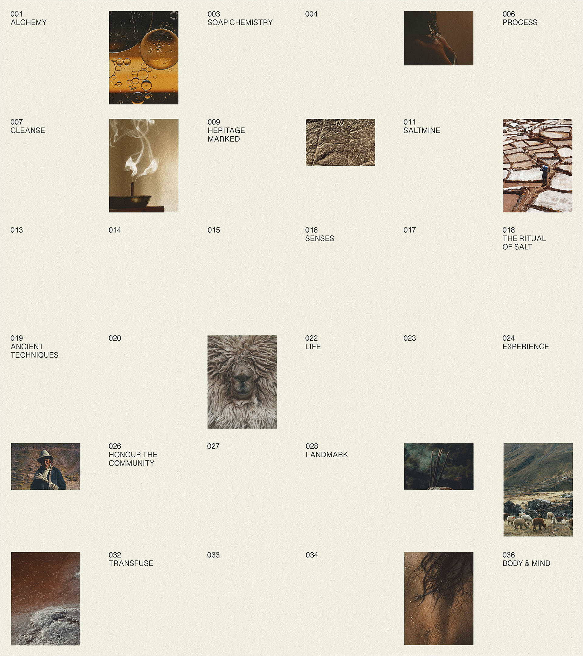 White background with a scattered layout of images and text that represent the brand