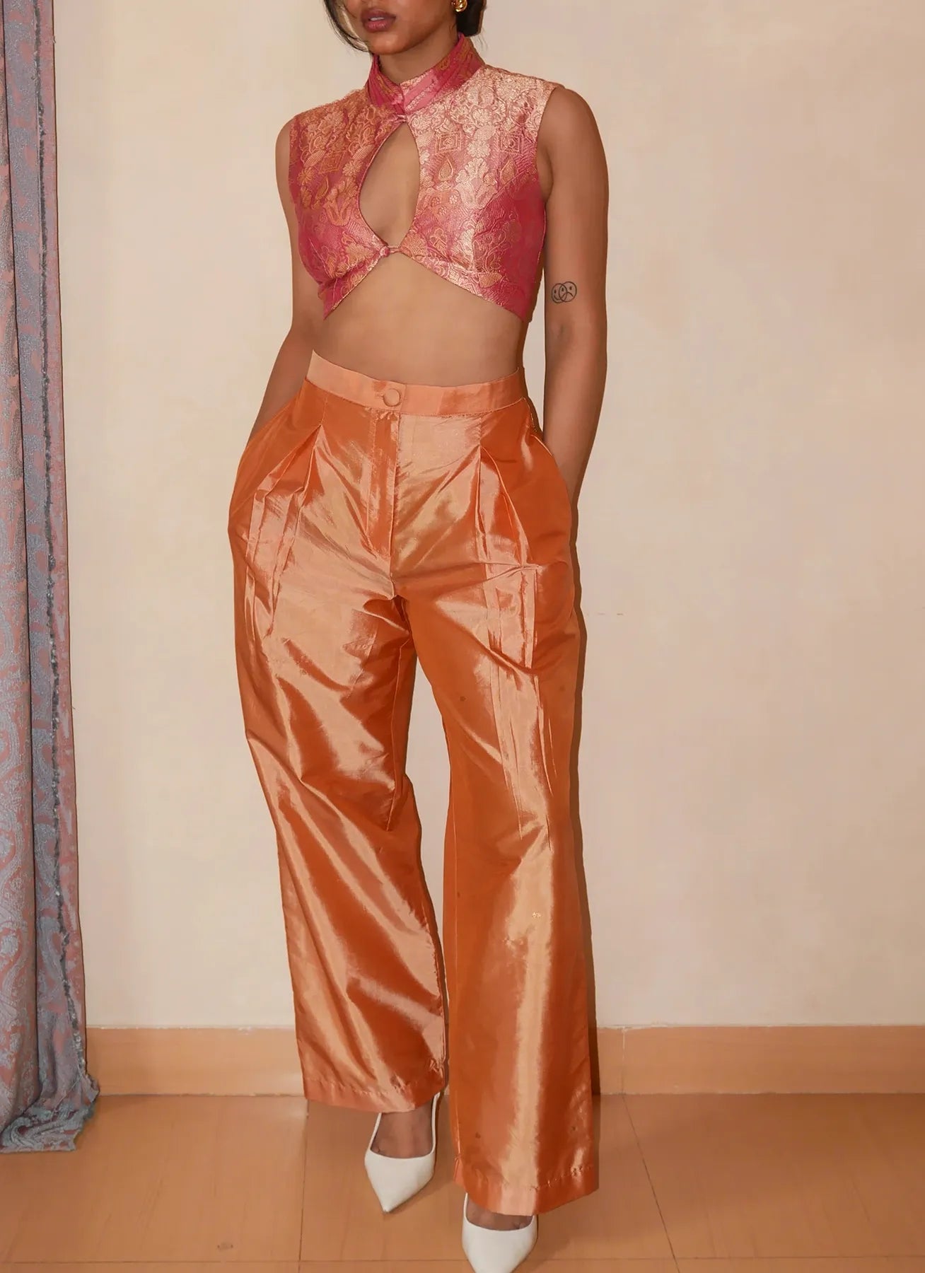 Handcrafted silk co-ord set made from vintage saree with cropped mandarin collar blouse and high-waisted wide-leg trousers.