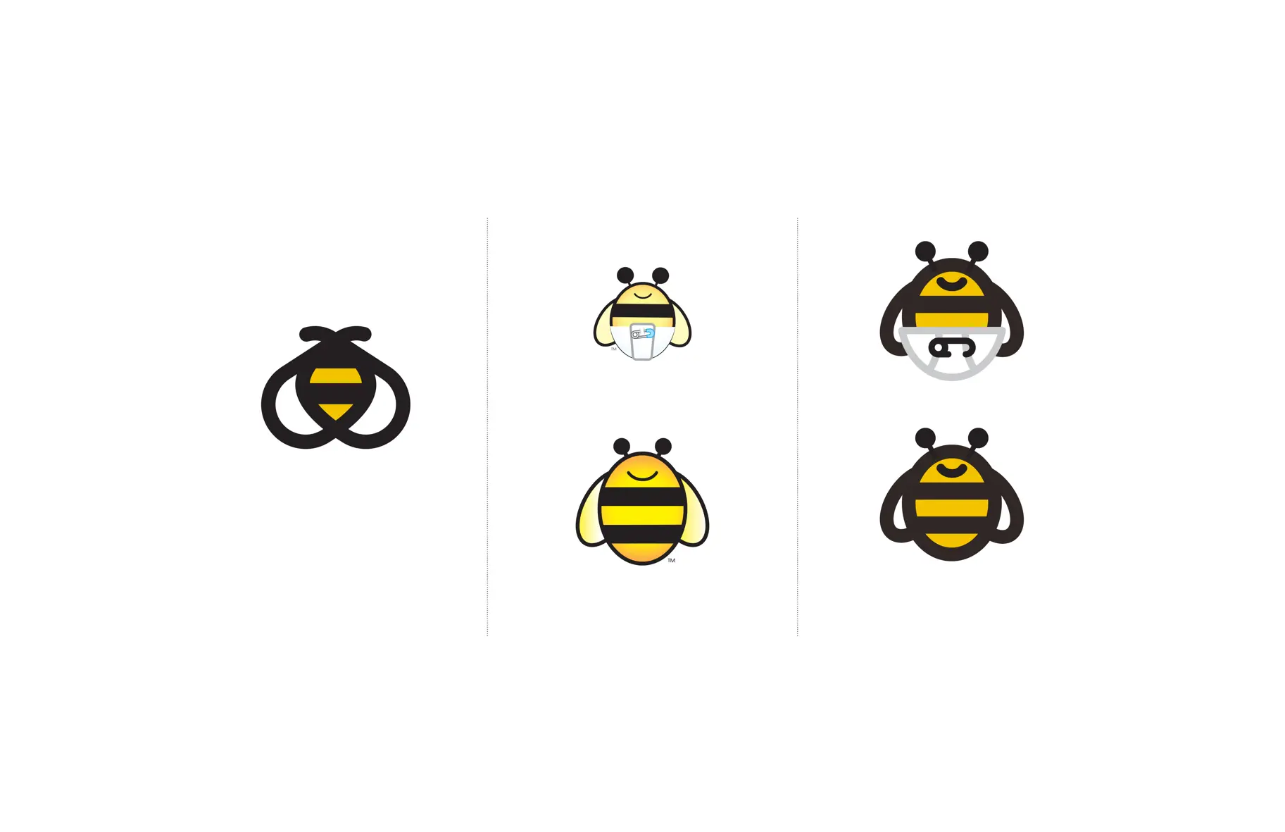 Buzzy the bee character explorations for Zarbee's Naturals Children's line — five icon variations ranging from the refined geometric brand bee to friendlier, rounder children's versions, including two wearing diaper-like accessories for the baby product sub-line.