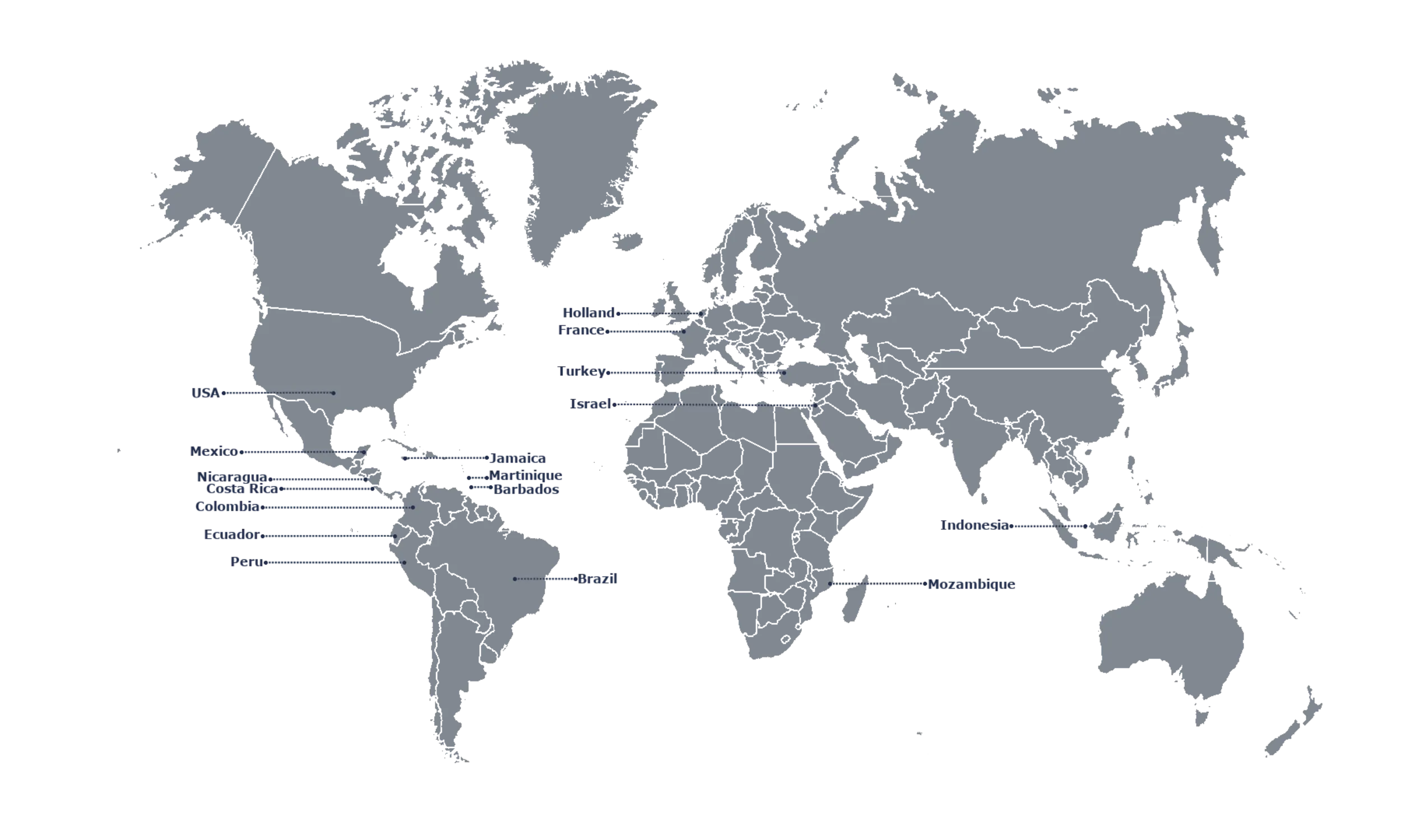 World map showing Arquitectura Mixta's international projects in hospitality and high-end residential sectors across America, Europe, and Asia.