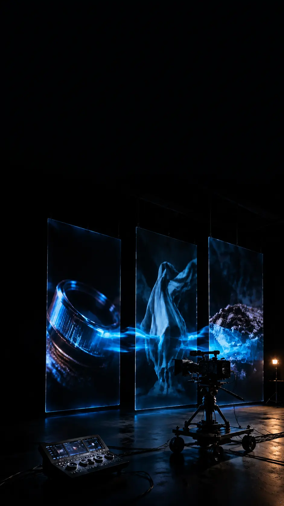 Cinematic AI video production setup with a professional camera and illuminated content displays