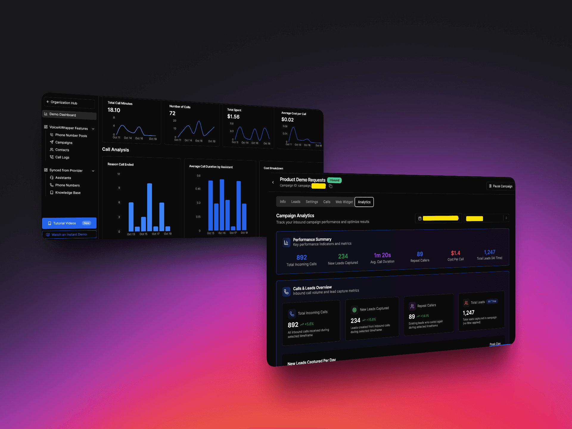 Voice AI call bot with agency features VoiceAIWrapper dashboard showing campaign analytics and call performance metrics | VoiceAIWrapper