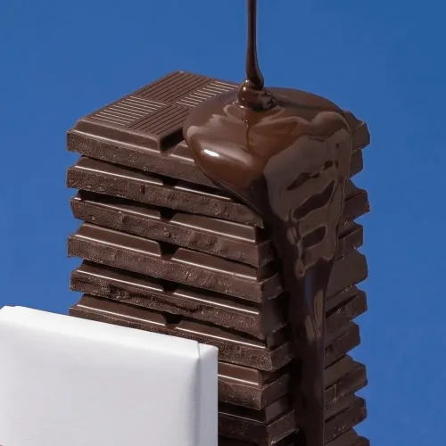 A tall stack of dark chocolate squares being drizzled with syrup against a blue background. By a branding expert.