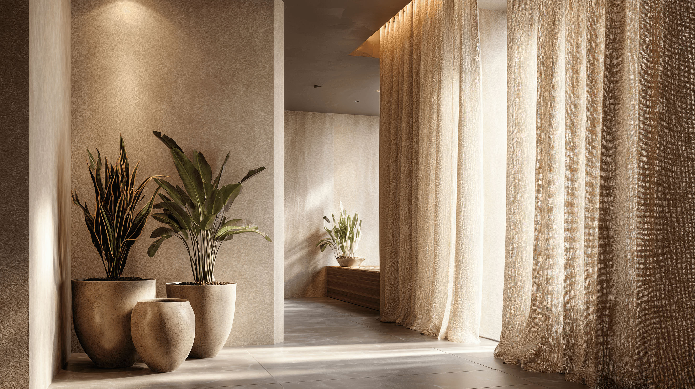 A serene and elegant spa space with wooden reclining chairs and white cushions. Golden sunlight filters through a cascading water feature, creating a peaceful atmosphere. Tropical plants and candles add to the relaxing ambiance.