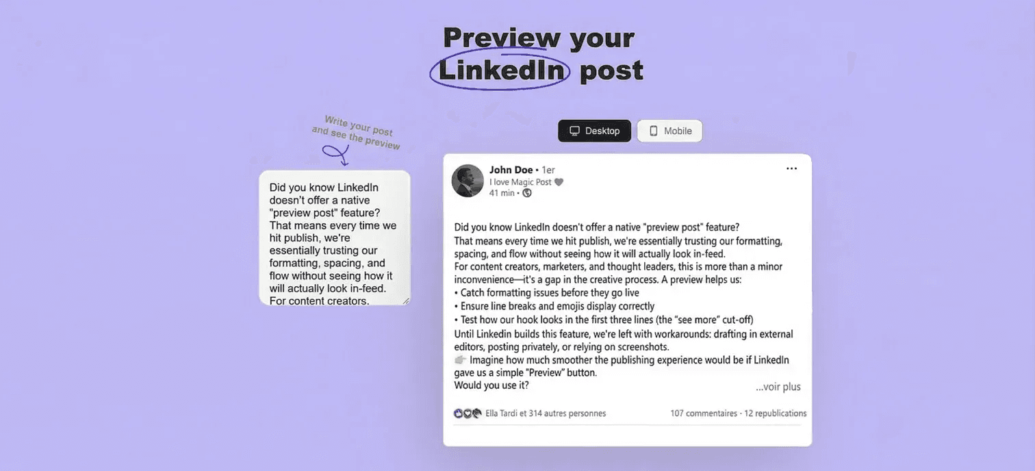 MagicPost's LinkedIn post previewer tool, showing a box where the user pasteed their LinkedIn post, alongside a full preview of what the post appears like on LinkedIn