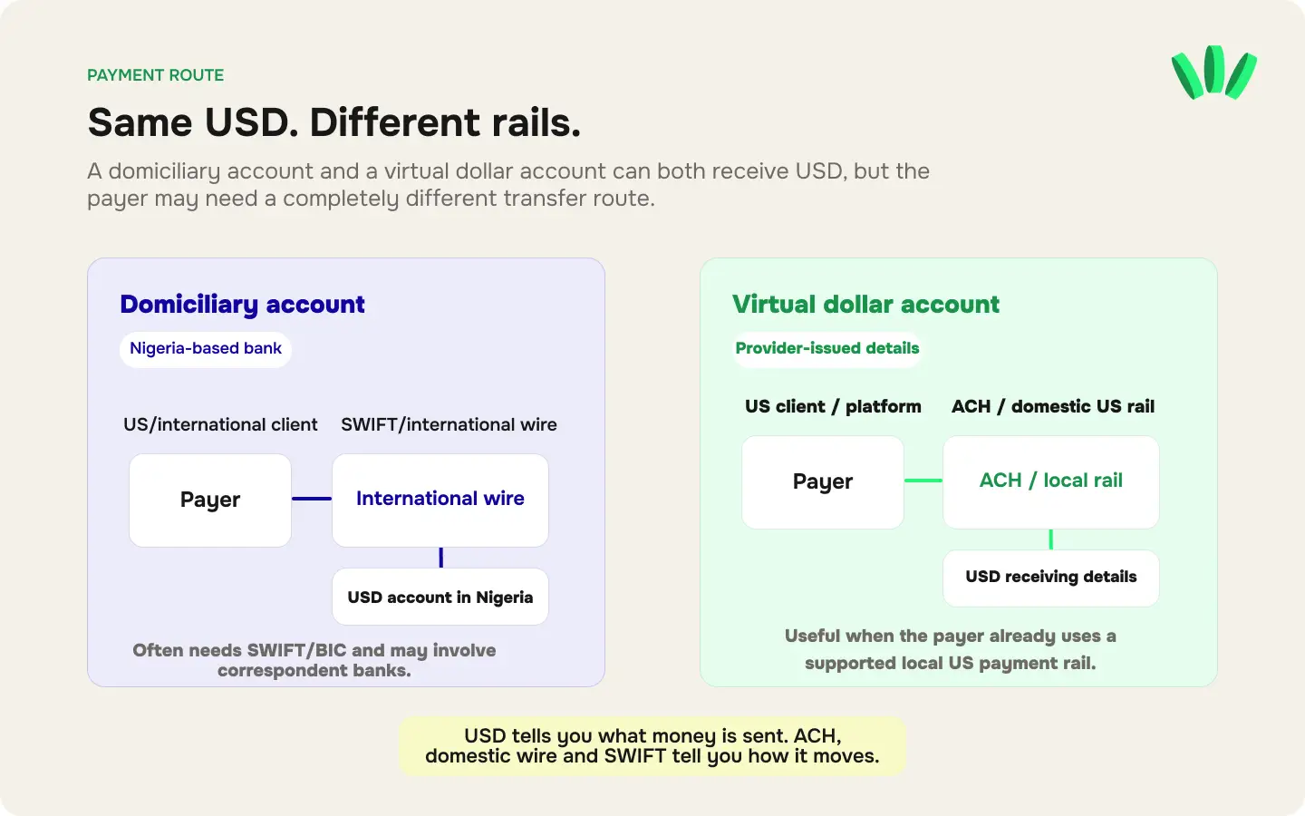 Domiciliary account and virtual dollar account payment routes showing international wire and SWIFT versus ACH and domestic US rails for receiving USD.