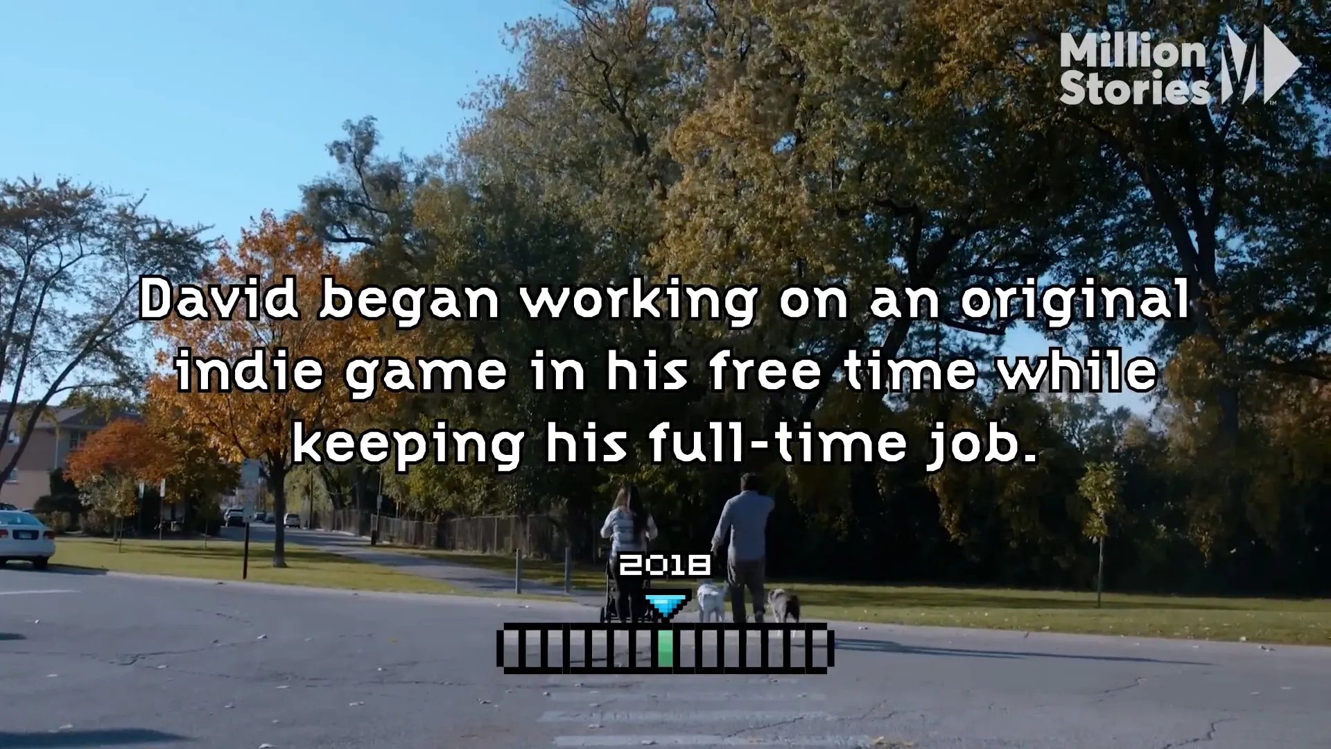 People walking outdoors as on-screen text describes early indie game development