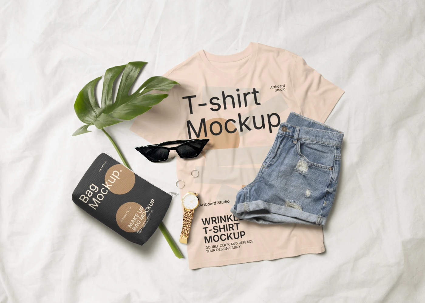 Wrinkled T-shirt mockup with woman props and leaf