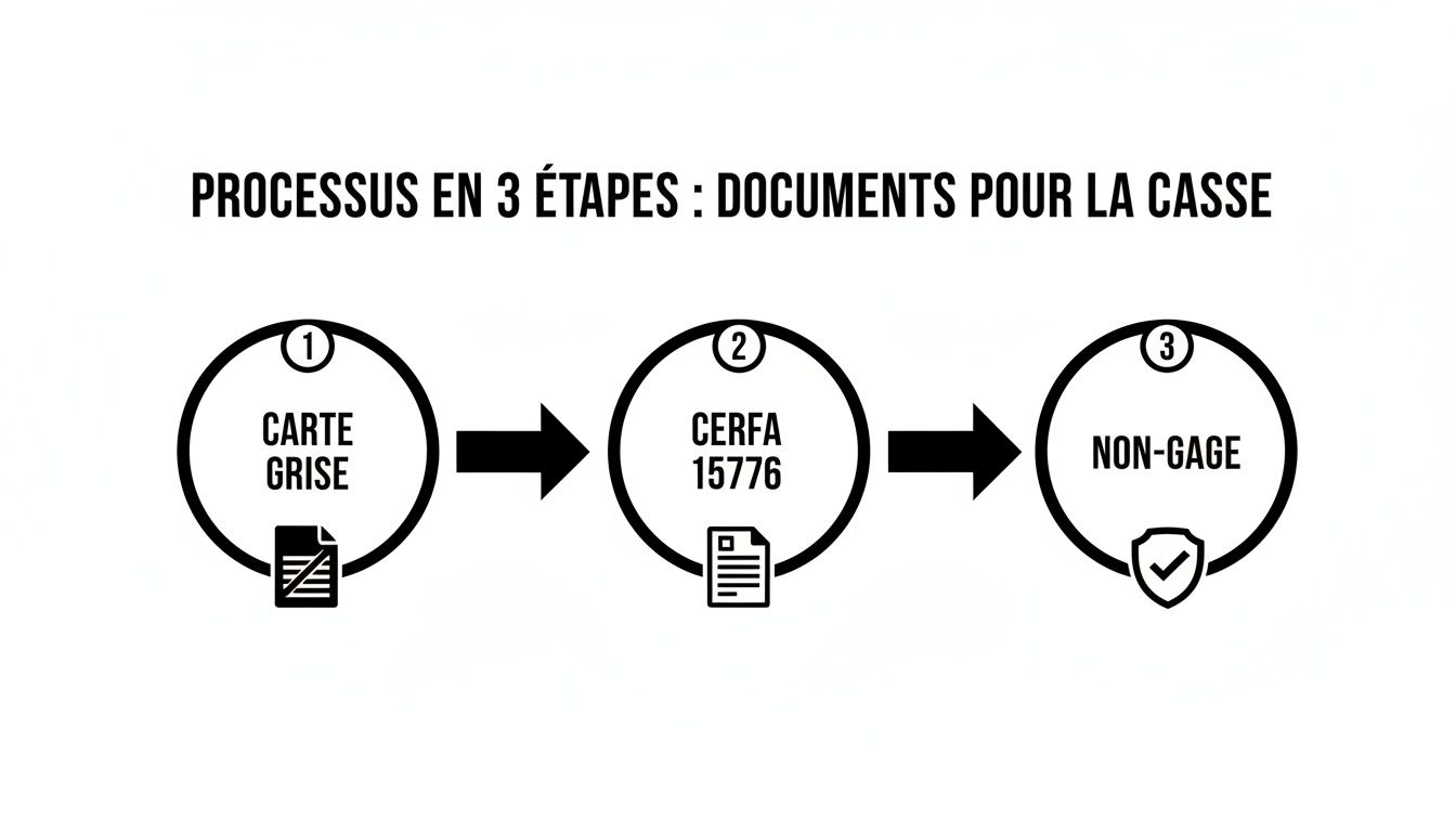 Diagramme illustrant les 3 étapes pour les documents nécessaires à la casse d'un véhicule : carte grise, formulaire Cerfa 15776 et certificat de non-gage.