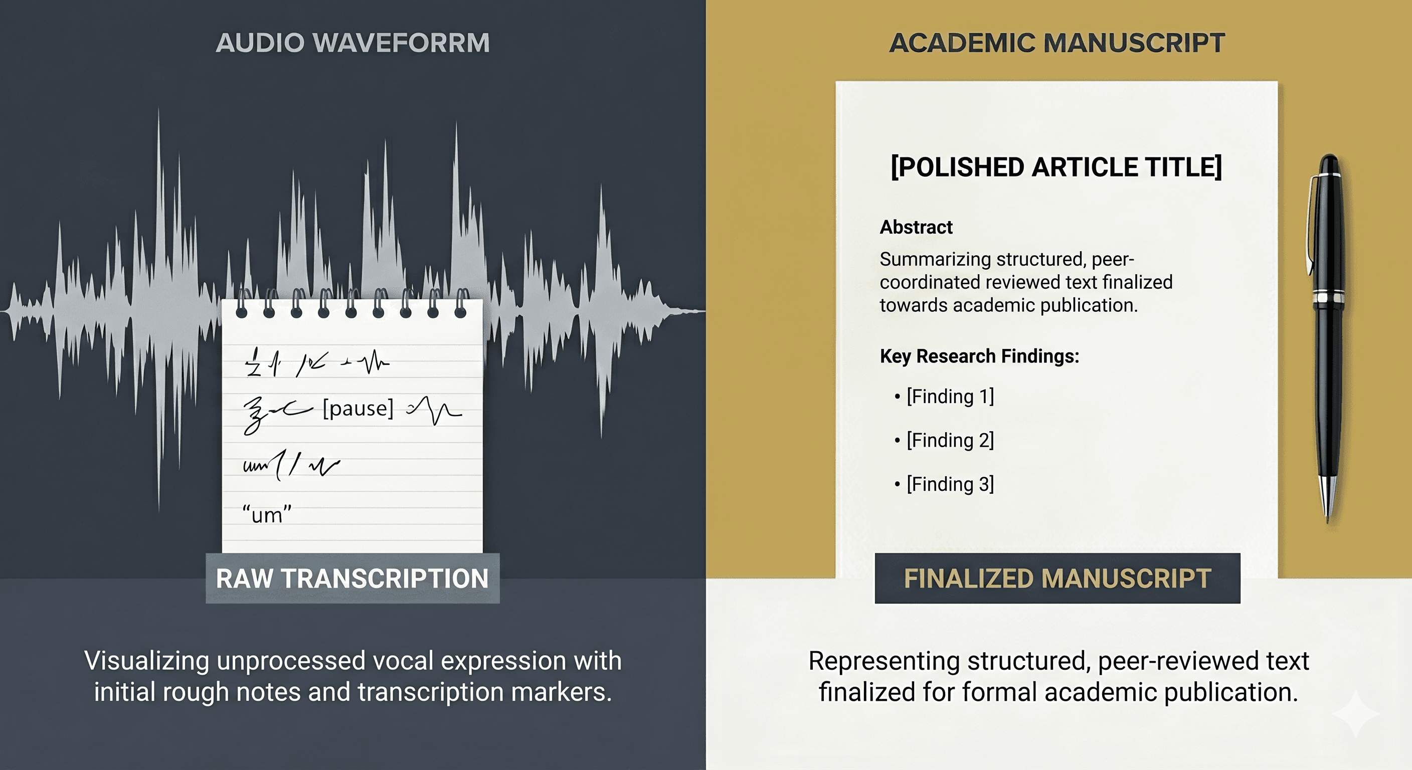 A comparison graphic illustrating raw audio waveforms for verbatim transcription next to a polished academic document for clean verbatim transcription.