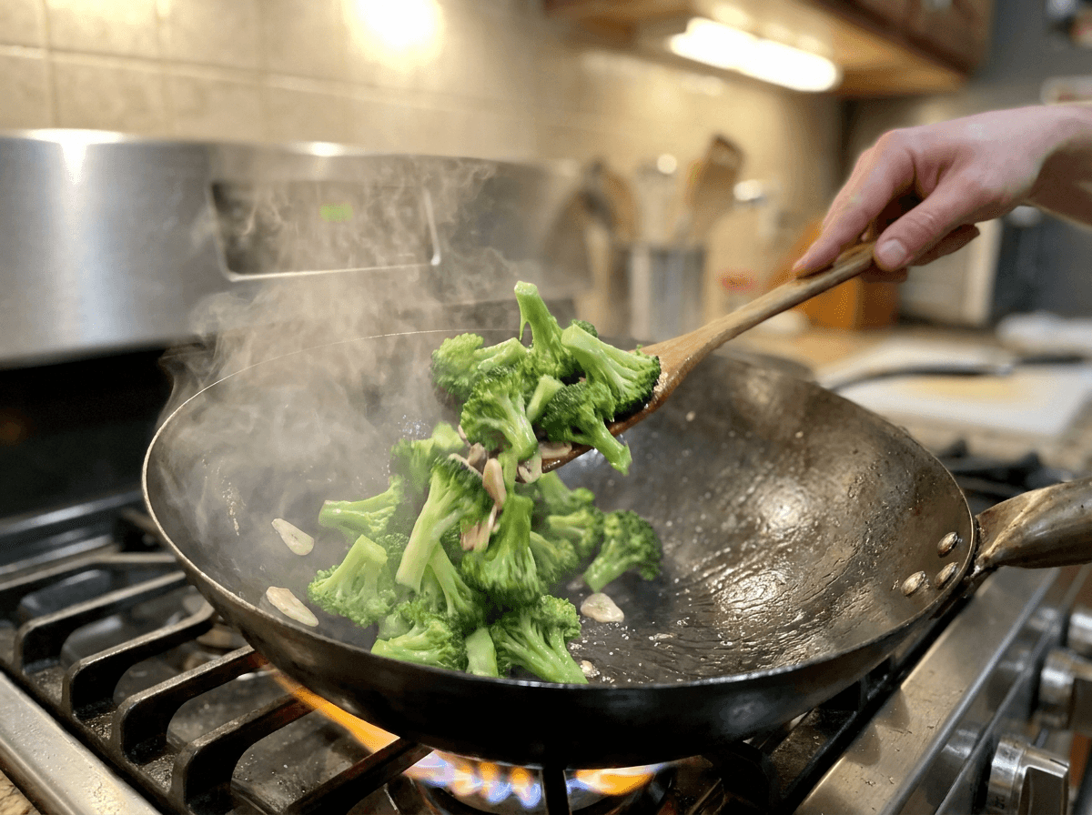 Broccoli florets being stir-fried in a hot wok with steam rising