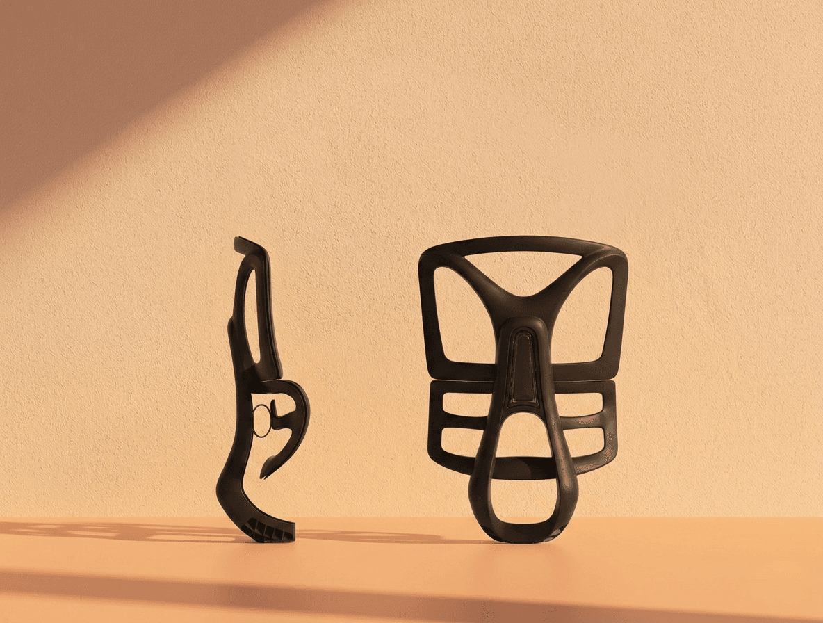 An ergonomic office chair backrest frame from SingOFai Furniture, displayed in side and front views. The matte black plastic frame features a bold, organic design with a reinforced central spine and a specialized, lower-back lumbar assembly. The side profile showcases a deep, supportive curve, while the front view highlights the intricate structural ribbing. The product is set against a warm, minimalist background with soft sunlight and shadows.
