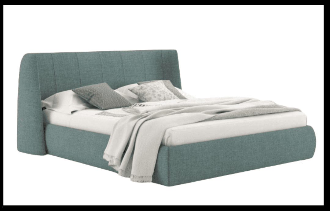Pastel green-blue bed with tall sculpted headboard.