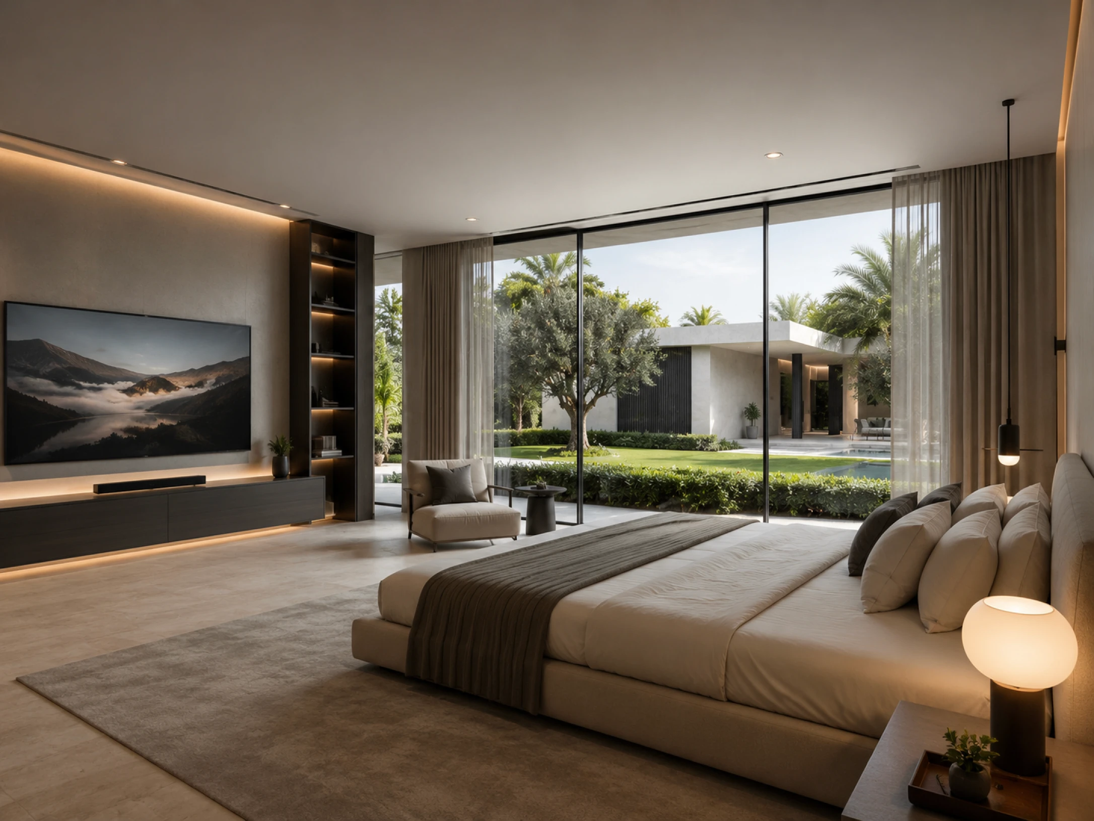 Quarto amplo e moderno, com cama de casal, televisão, grandes janelas e vista para um jardim arborizado.